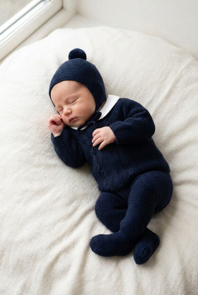 DARK BLUE NEWBORN CENTRAL CABLE AND COLLAR 3P SET