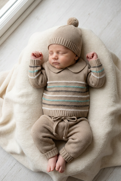 TAN NEWBORN STRIPES AND KNIT COLLAR 3P SET