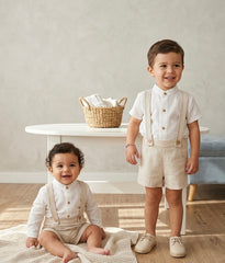 BOYS MAO COLLAR AND IVORY LINEN SHORT SUSPENDER 2P PORCELANA