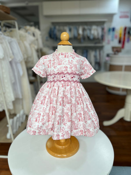 GIRLS RED TOILE PRINT SMOCKED DRESS