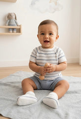 BOYS STRIPED KNITTED SHIRT AND SHORT WITH BOOT 3P SET
