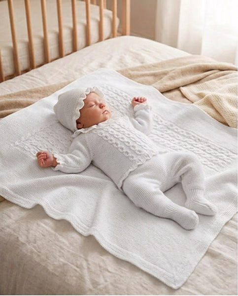 WHITE BABY CABLE KNIT BLANKET AND LACE COLLAR NEWBORN 4P SET