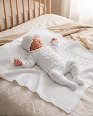 WHITE BABY CABLE KNIT BLANKET AND LACE COLLAR NEWBORN 4P SET