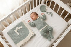 DUSTY GREEN BABY FULLY GATHERED BLANKET AND NEWBORN 4P SET