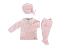 PINK NEWBORN GATHERED AND LACE TRIMMED 3P SET