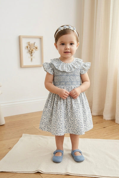 GIRLS RUFFLE COLLAR AND SLEEVE BLUE FLORAL SMOCKED DRESS