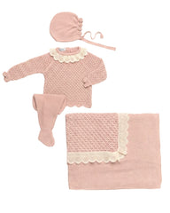 BABY LACE DETAILS OPENWORK BLANKET AND NEWBORN 4P SET