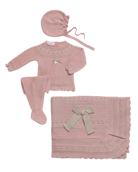 BABY FRILLS KNIT BOW BLANKET AND NEWBORN 4P SET