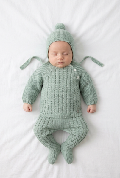 DUSTY GREEN CABLE KNIT PATERN NEWBORN 3P SET