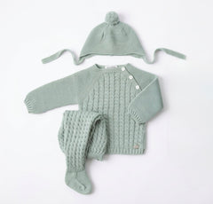 DUSTY GREEN CABLE KNIT PATERN NEWBORN 3P SET