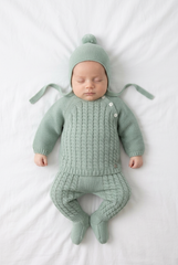 DUSTY GREEN CABLE KNIT PATERN NEWBORN 3P SET