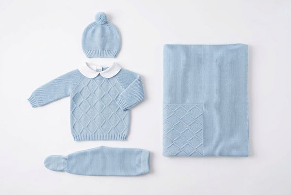 DUSTY BLUE BABY DIAMOND DESIGN BLANKET AND NEWBORN 4P SET