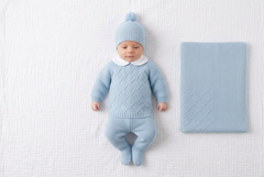 DUSTY BLUE BABY DIAMOND DESIGN BLANKET AND NEWBORN 4P SET