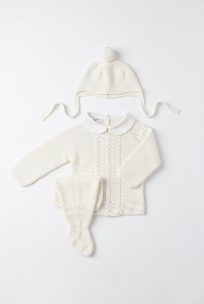 IVORY NEWBORN CENTRAL CABLE AND COLLAR 3P SET