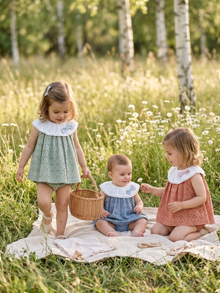 GIRLS EYELET WITH VICHY BOW DRESS WITH BLOOMER 2P MAEMUKI