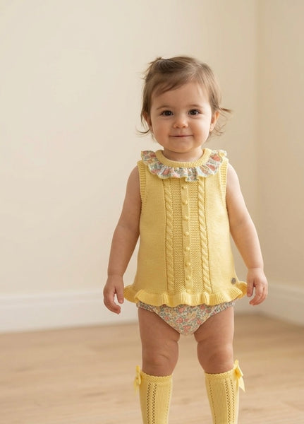GIRLS KNITTED BLOUSE FLORAL RUFFLE COLLAR WITH BLOOMER 2P SET
