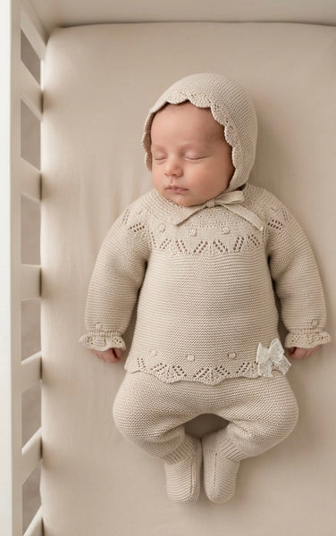 NEWBORN KNIT DOTS AND LACE BOW 3P SET