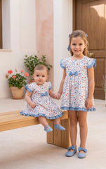 GIRLS FLOWERS AND BLUE RUFFLE DRESS