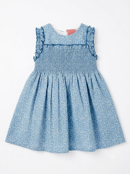 GIRLS FLORAL AND SMOCKED BLUE DRESS SUELTAS
