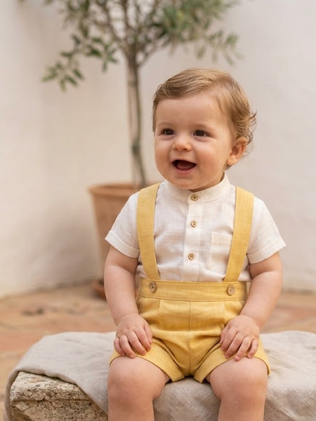 BOYS YELLOW SHORT WITH SUSPENDERS AND MAO COLLAR SHIRT 2P AIKIDO