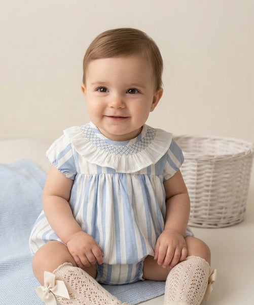 GIRLS SMOCKED COLLAR STRIPED DRESS WITH BLOOMER 2P PORCELANA