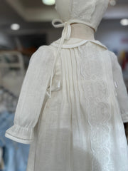 CHRISTENING LACE PLEAT LINEN GOWN WITH BONNET