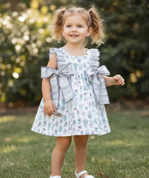 GIRL STRIPED AND PLANTS PRINT DRESS