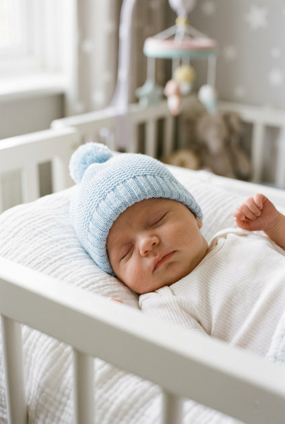 LIGHT BLUE BABY KNITTED POM POM BONNET