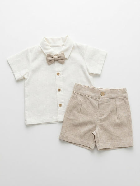 BOYS CLASSIC BEIGE SHORT AND SHIRT WITH BOW TIE 3P SET