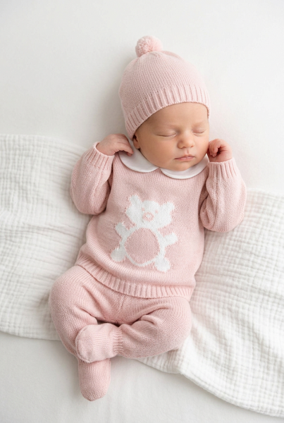 DUSTY PINK NEWBORN BEAR WITH COLLAR 3P SET