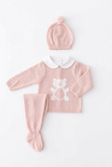 DUSTY PINK NEWBORN BEAR WITH COLLAR 3P SET
