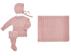 BABY PLAID OPENWORK BLANKET AND NEWBORN 4P SET