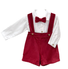BOYS VELVET DUNGAREE AND SHIRT WITH BOW TIE SET