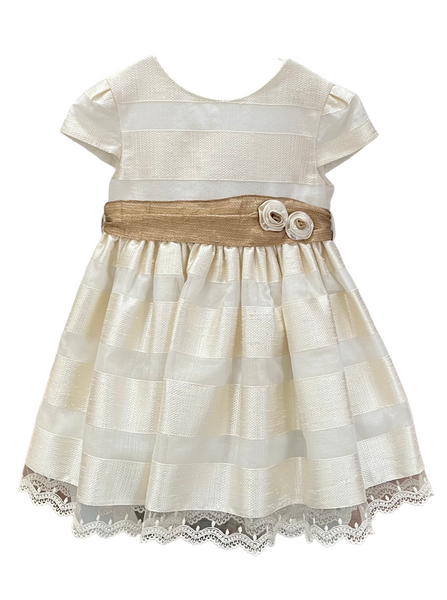GIRL BEIGE APPLIQUE BELT IVORY DRESS