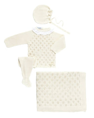 BABY OPENWORK BLANKET AND WHITE COLLAR NEWBORN 4P SET