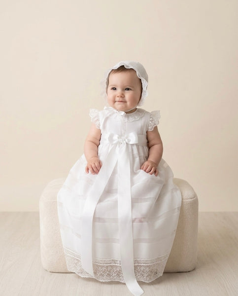 Vestido tradicional de bautizo blanco sin mangas y encaje 2p