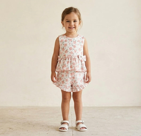 GIRLS PINK FLORAL BLOUSE AND SHORT 2P SET