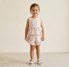 GIRLS PINK FLORAL BLOUSE AND SHORT 2P SET