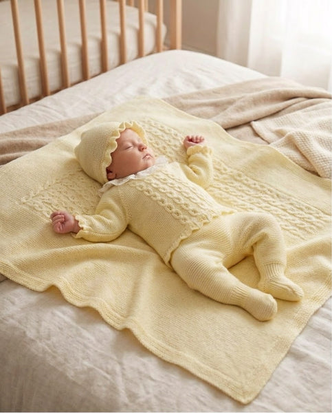 LIGHT YELLOW BABY CABLE KNIT BLANKET AND LACE COLLAR NEWBORN 4P SET