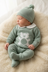 DUSTY GREEN NEWBORN BEAR WITH COLLAR 3P SET