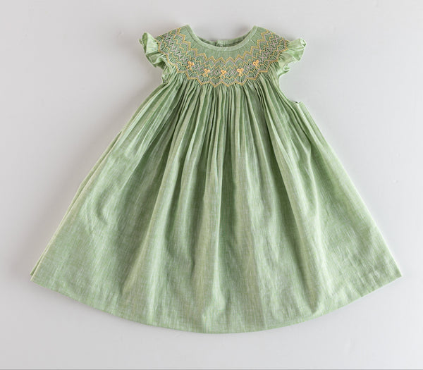 GIRLS SMOCKED GREEN DRESS