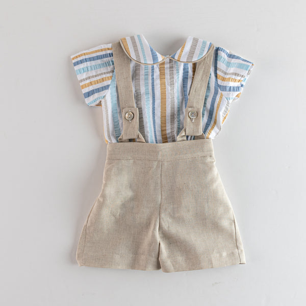 BOYS COLORED STRIPED SHIRT AND SUSPENDER SHORT 2P SET