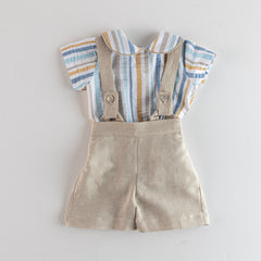 BOYS COLORED STRIPED SHIRT AND SUSPENDER SHORT 2P SET