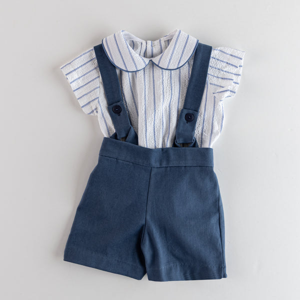 BOYS BLUE STRIPED SHIRT AND SUSPENDER SHORT 2P SET