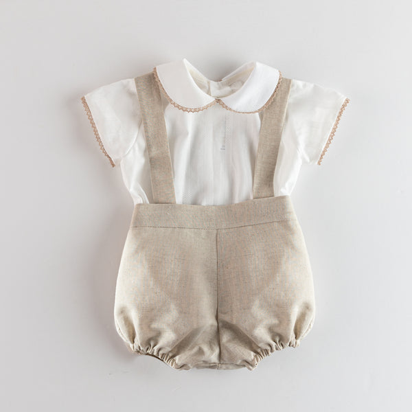 BOYS CLASSIC SHIRT AND BEIGE SUSPENDER SHORT 2P SET