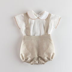 BOYS CLASSIC SHIRT AND BEIGE SUSPENDER SHORT 2P SET