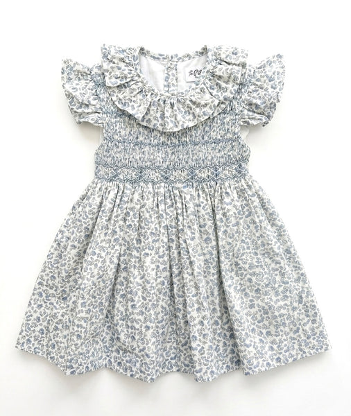 GIRLS RUFFLE COLLAR AND SLEEVE BLUE FLORAL SMOCKED DRESS