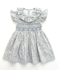 GIRLS RUFFLE COLLAR AND SLEEVE BLUE FLORAL SMOCKED DRESS