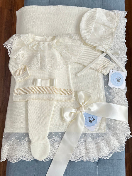 NEWBORN KNIT IVORY BOW LUXURY 4P SET