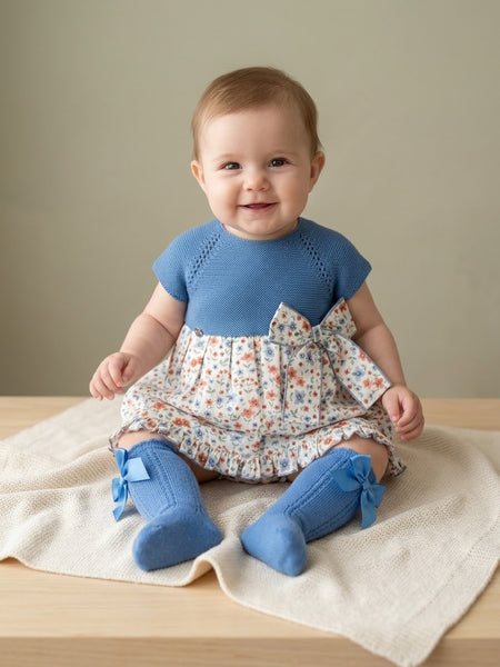 GIRLS FLORAL AND BLUE KNITTED DRESS